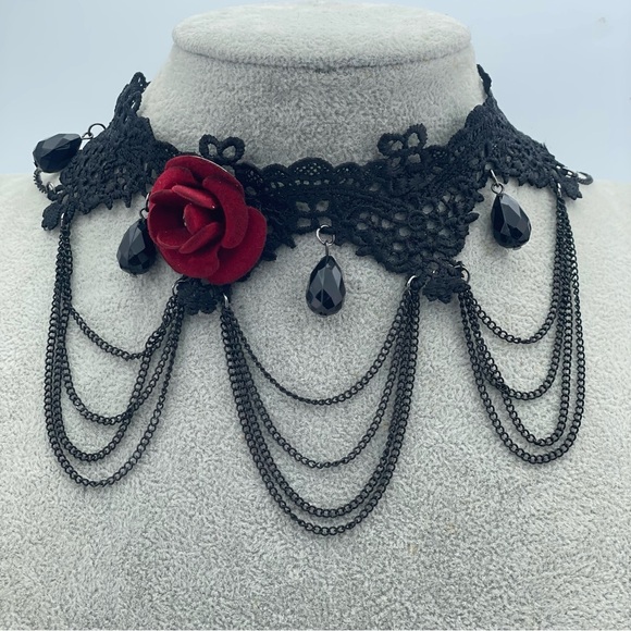 Gothic Black Lace Choker with Red Velvet Rose & Black Teardrop Beads
